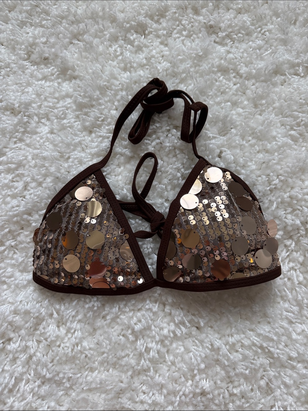 SHEIN Sequin Triangle Bikini Top in Brown